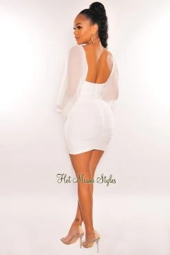 LUXXEL Just In White Mesh V Wire Long Sleeve Ruched Dress