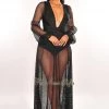 LUXXEL Black V Neck Fishnet Long Sleeve Maxi Dress
