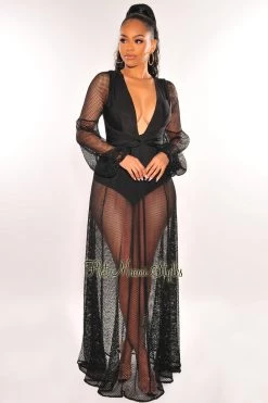 LUXXEL Black V Neck Fishnet Long Sleeve Maxi Dress