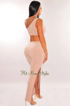 Flauntings Nude Shimmery One Shoulder O-Ring Cut Out Slit Maxi Dress Just In