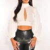 MEEK Just In White Mock Neck Keyhole Long Sleeve Tie Up Crop Top