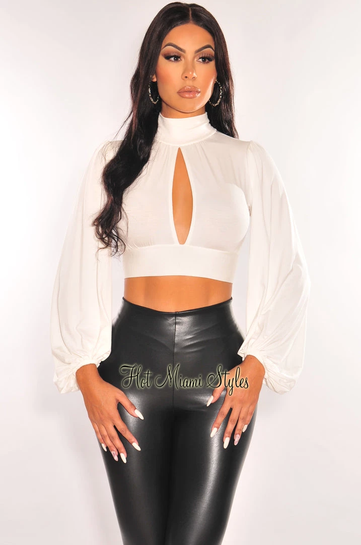 MEEK Just In White Mock Neck Keyhole Long Sleeve Tie Up Crop Top