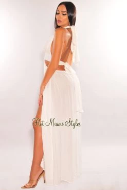 LUXXEL White Halter Tie Up Cut Out O-Ring Slit Maxi Dress Just In