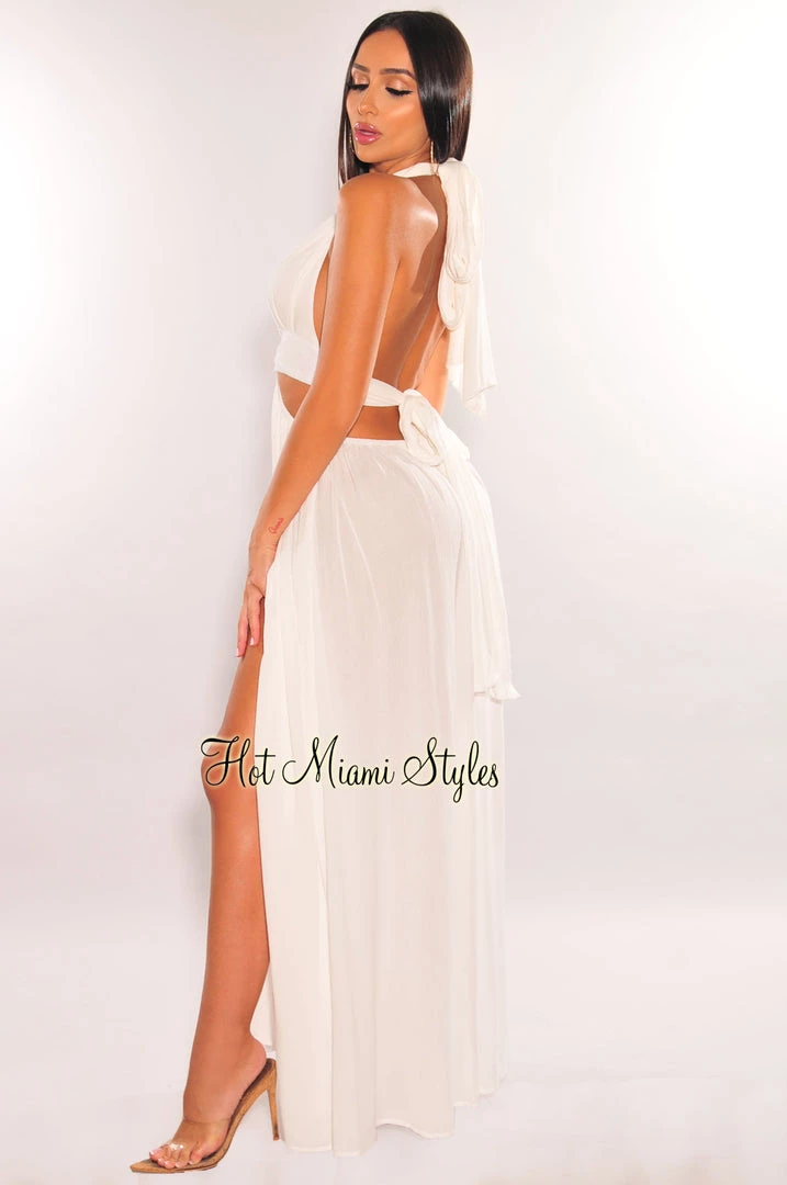 LUXXEL White Halter Tie Up Cut Out O-Ring Slit Maxi Dress Just In