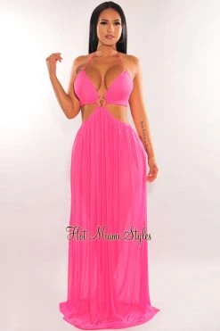 CHERRY MELLOW Just In Fuchsia Halter Mesh O-Ring Cut Out Maxi Dress