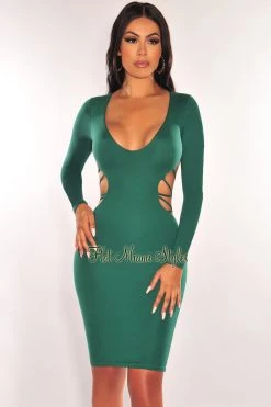 MEEK Emerald V Neck Long Sleeve Strappy Open Back Dress