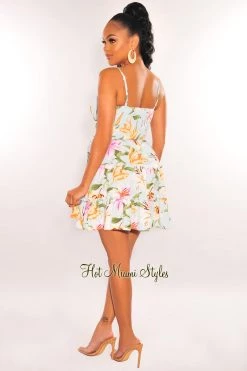 LUXXEL Mint Floral Print Spaghetti Straps Ruched Smocked Wrap Baby Doll Dress