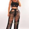 No 1 Black Sleeveless Ladder Cut Fringe Pants Two Piece Set