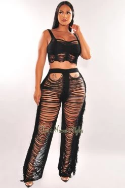 No 1 Black Sleeveless Ladder Cut Fringe Pants Two Piece Set