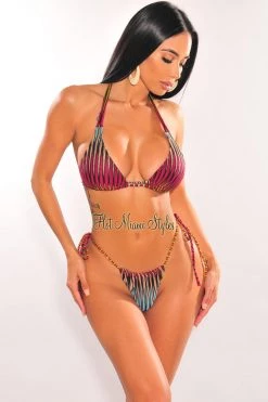 Hollywood & I Multi Color Ribbed Padded Triangle Top Tie Up Bikini Just In