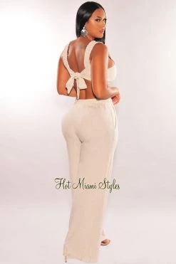 EDIT BY NINE Sets Taupe Linen Knotted Palazzo Pant Two Piece Set