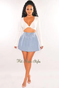 WILD CAT Light Denim Pleated High Waist Tennis Skort