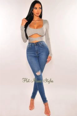 Vendor-unknown Light Gray Long Sleeve Tie Up Crop Top