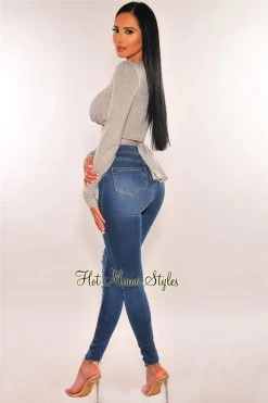 Vendor-unknown Light Gray Long Sleeve Tie Up Crop Top