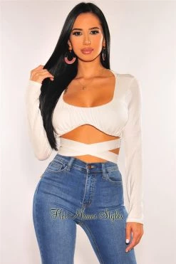 Vendor-unknown Just In White Long Sleeve Tie Up Crop Top