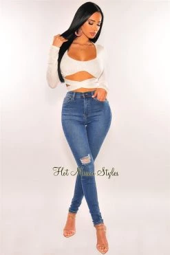 Vendor-unknown Just In White Long Sleeve Tie Up Crop Top