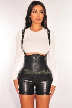 Fashion Wildcat Just In Black Faux Leather Overall Shorts