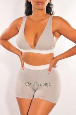 RIVIR OCULUS HMS Lounge: Light Gray White Ribbed Bralette Biker Shorts Two Piece Set Just In