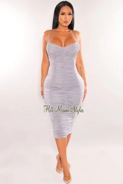 WIN WIN APPARIL Ice Spaghetti Straps V Neck Ruched Dress Just In