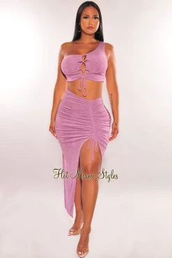 MEEK Lavender One Shoulder Lace Up Slit Skirt Two Piece Set Sets