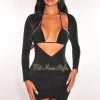 Flauntings Black Long Sleeve Drawstring Ruched Dress + Triangle Top Just In