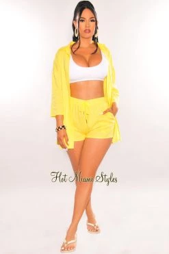 Hollywood & I Yellow Linen Collared Button Up ¾ Sleeves Shorts Two Piece Set Short Sets