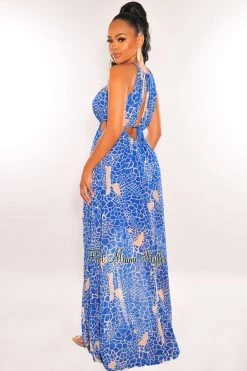 LUXXEL Royal Blue Animal Print O-Ring Cord Cut Out Double Slit Maxi Dress Just In