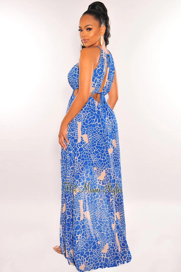 LUXXEL Royal Blue Animal Print O-Ring Cord Cut Out Double Slit Maxi Dress Just In