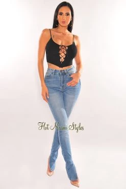 HERA COLLECTION Black Ribbed Spaghetti Straps Lace Up Crop Top Just In