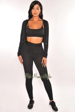 Hot & Delicious Just In HMS FIT: Black Textured Jacket Bralette Leggings Three Piece Set