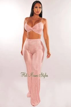 MEEK Blush Shimmery Pleated Knotted Palazzo Pants Two Piece Set