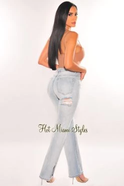 Top Tier Light Denim High Waist Straight Leg Slit Jeans Just In