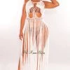 LOVESENSE White Halter Crochet Knit Fringe Open Back Tie Up Cover Up