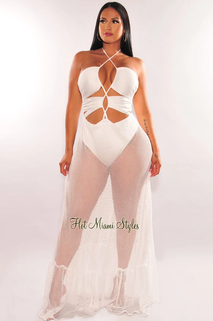 Rosevelet Dresses White Halter Lace Up Cut Out Fishnet Maxi Dress