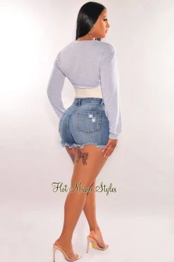 HYFVE Outerwear Light Gray Long Sleeve Cropped Cut Out Sweater