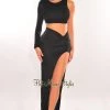 AVI BOUTIQUE Just In Black One Sleeve Round Neck Slit Skirt Two Piece Set
