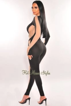 QUEEN MANIA... Black Mock Neck Nude Sheer Mesh Long Sleeve Jumpsuit Just In