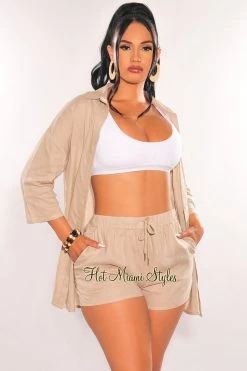 Hollywood & I Taupe Linen Collared Button Up ¾ Sleeves Shorts Two Piece Set Just In