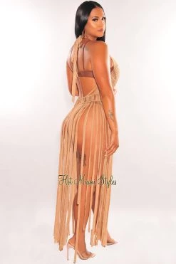 LOVESENSE Mocha Halter Crochet Knit Fringe Open Back Tie Up Cover Up
