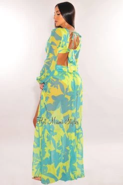 LUXXEL Lime Blue Print O-Ring Cut Out Long Sleeve Double Slit Maxi Dress Just In