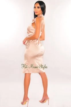 Primi Just In Champagne Silky Collared Open Back Belted Ruched Dress