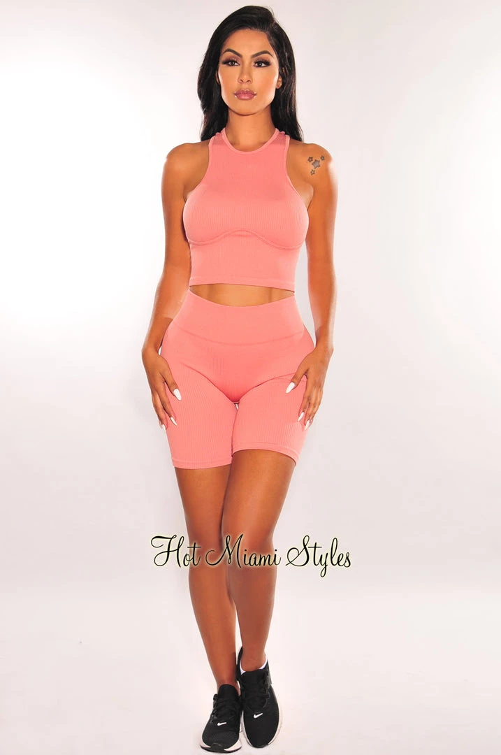 HYFVE Dusty Rose Seamless Ribbed Biker Shorts Two Piece Set Just In
