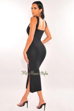 Vendor-unknown Just In Black Ribbed Square Neck Sleeveless Slit Dress