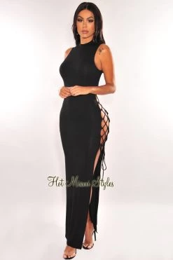 SPRING HAZE Black Mock Neck Sleeveless Lace Up Back Dress