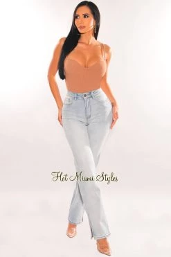Top Tier Light Denim High Waist Straight Leg Slit Jeans Just In