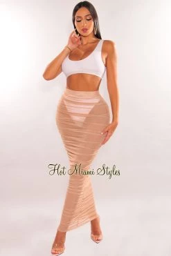 K Too Nude Mesh High Waist Ruched Skirt Cover Up