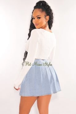 WILD CAT Light Denim Pleated High Waist Tennis Skort