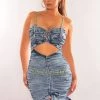 KAYLECOLLECTION Denim Wash Spaghetti Straps Ruched Cut Out Ruffle Dress