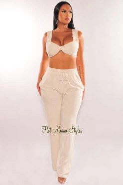 EDIT BY NINE Sets Taupe Linen Knotted Palazzo Pant Two Piece Set