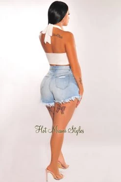 AMERICAN BAZI... Light Denim High Waist Destroyed Frayed Hem Shorts Just In